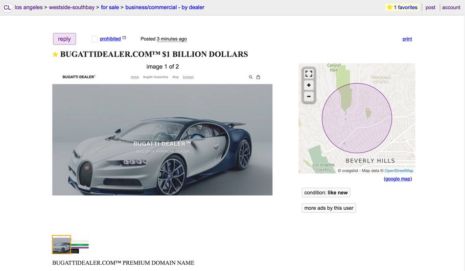 BugattiDealer.com™ Premium Domain Name $1 Billion Craigslist